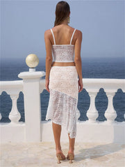 Lunivop Summer Lace Printed 2 Piece-Set Long Skirt Female See-Through Patchwork Spaghetti Cropped Top And Maxi Skirt Sets Women's