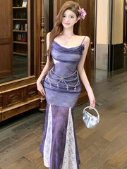 Lunivop Purple Mesh Patchwork White Lace Ruffled Long Dress Women Elegant Luxury Dance Party Dress Summer Fashion Bodycon Vestidos