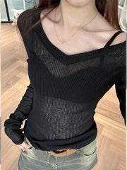 Lunivop Women Long Sleeve T Shirt Thin Perspective Summer Solid Slim Casual Shirts Female Pullovers Basic Tee Y2k Clothes Streetwear Top