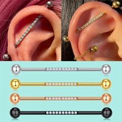 Lunivop Elegant 1.6mm Stainless Steel Industrial Bar Piercing Earrings with 10 Sparkling Rhinestones - Double Ball Design, 38mm Long