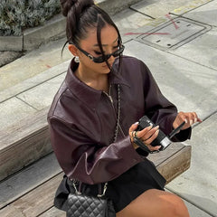 Lunivop Chic Faux-leather Bomber Jacket Warm Lapel Long Sleeves Zipper Crop Coats 2024 Autumn Fashion Lady Commuting Street Overcoat