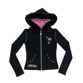Lunivop Y2K Vintage xubculture Millennium style fur collar hooded sweatshirt streetwear rivets slim fit spicy girl style zipper top emo