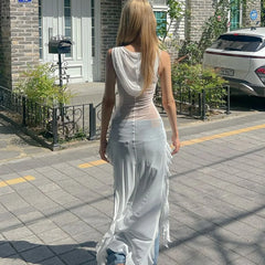 Lunivop Hooded Sheer Sleeveless Mesh Lace Ruffles Asymmetrical Short Women'S Dresses Fashion Y2K Streetwear Sexy Korean Clotehs