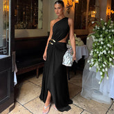 Lunivop Women Sexy Metal Buckle Ruched Hollow Out Asymmetrical Maxi Party Dress One Shoulder Sleeveless Backless Evening Gown Long Robe