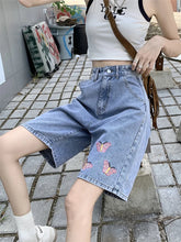 Lunivop Ele Embroidery High Waist Wide Leg Jeans orts for Women Summer Anti-Wrinkle Stand Fit No Stretch Elastic