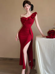 Lunivop Women Red Off Shoulder Ruffled Sexy Slong Long Dress Summer Elegant Luxury Slit Dress Korean Vintage Festival Evening Dress