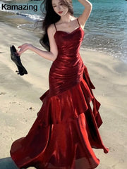 Lunivop Sexy Solid Spaghetti Strap Sleeveless Evening Dresses Elegant Ruffles Party Long Dress For Women Summer Slim Beach New Vestidos