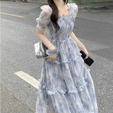 Lunivop Women's Blue-Gray Floral Print Square Neck Puff Sleeve Smocked Tiered Ruffle Maxi Dress Sheer Chiffon Summer Fairy Casual Dress