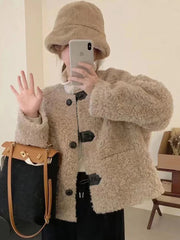 Lunivop Korean Winter Faux Lamb Coat Women Slim Long Sleeve Warm Sweet Jacket Preppy Style Casual O Neck Female Cute Solid Tops New