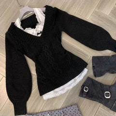 Lunivop Autumn Winter Fashion Knitted V Neck Long Sleeve Vintage Pullovers Y2k Aesthetic Slim Waist Casual Clothing Harajuku Sweaters