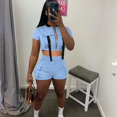 Lunivop Active Wear Pockets Short Sets Womens 2 Piece Outfit Sporty Fitness Zipper Crop Top and Shorts Casual Tracksuit Conjuntos Curtos
