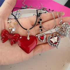 Lunivop Y2K Red Glass Crystal Heart Metal Bowknot Pendant Chain Necklace Women Gothic Harajuku Retro Jewelry Accessories Christmas Gift