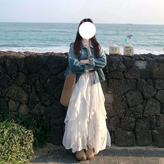 Lunivop Sweet Elegant White Long Skirt Women Fairycore Korean Style Lace Ruffle Skirt Asymmetrical Retro Street Layered Skirts