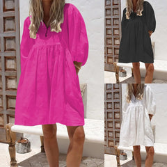 Lunivop Solid Dress Women V Neck Puff Sleeve Loose Mini Female Dresses Summer Holidays Casual Lady Beach A-Line Sundress