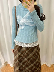 Lunivop Korean Style Y2k Knitted Pullover Women Bow Lace Long Sleeve Sweaters Harajuku Vintage Patchwork Knitwear Pullovers