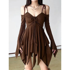 Lunivop Oversize Irregular Camisole Dresses Slim Waist Ruched Dress for Women 2025 Summer New Off Shoulder Long Sleeve vestidos mujer