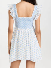 Lunivop Sexy White Blue Flower Print Ruffle Strap Mini Dress V neck Ruched Elastic Chest Corset Sleeveless Short Tank Robe Holiday Woman