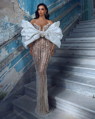 Lunivop Sparkle Sequin Pearls Pageant Party Dresses For Wedding Front Bow Bridal Gowns Sheer Illusion Long Elegant Mermaid Bride Dress