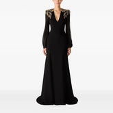 Lunivop Black Jersey Evening Dress Crystal Long Sleeves Elegant Women's Long Dresses V-Neck Floor Length Evening Gowns