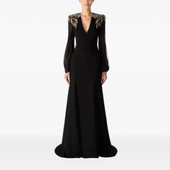 Lunivop Black Jersey Evening Dress Crystal Long Sleeves Elegant Women's Long Dresses V-Neck Floor Length Evening Gowns
