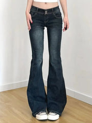 Lunivop Vintage Washed Basic Women Flared Jeans Low Waist American Style Slim Denim Pants Button-up Trousers Casual Aesthetic