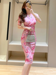 Lunivop Korean Fashion Bodycon Bow Bandage Long Dress Summer Pink Print Mesh Casual Dress Women Elegant Chic Festival Party Dresses