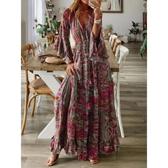 Lunivop Women's S-3XL Size Bohemian Style Trumpet Sleeve Printed V-neck High Waisted Holiday Dress Floral Women's Long Dress