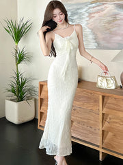Lunivop White Lace Jacquard Chic Bow Sling Sexy Long Dress Women Luxury Dacne Party Dress Summer Korean Fashion Bodycon Night Dress