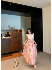 Lunivop Dresses Women Ruffles Patchwork Sleeveless Halter Tie Dye Slim Summer Fashion Elegant Temperament Dress Party Holiday