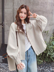 Lunivop Korean Sweet Chic Jacket Women Loose Fall Long Sleeve Elegant Short Coat Fashion Plaid Patchwork Preppy Style Cute Outwear Tops