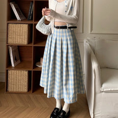 Lunivop Preppy Style Plaid Long Skirt Women Sweet Elegant Vintage Pleated Skirt High Waist Autumn Winter Retro A-line Skirts