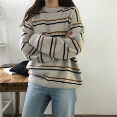 Lunivop Women Pullovers Crew-Neck Knitted Jumper New Student Striped Sweater Aesthetic Outfit