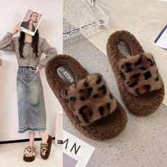 Lunivop New Casual Fluffy Slippers Women Home Fashion Leopard Plush Designer Winter Shoes Girls Flat Open Toe Platform Slipperss