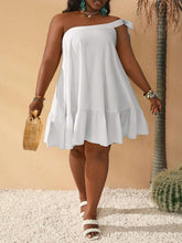 Lunivop Plus Size One Shoulder Flare Summer Dress Casual Solid White