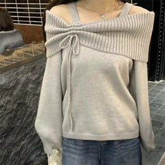 Lunivop Deeptown Korean Style Coquette Knitwear Pullovers Women Sweet Slash Neck Long Sleeve Sweaters Autumn Winter 2000s Grey Jumper