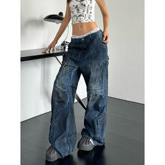 Lunivop Women Blue Y2k Cargo Jeans Harajuku Denim Trousers 90s Aesthetic Oversize Jean Pants Vintage Japanese 2000s Style Trashy Clothes