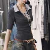 Lunivop American Retro Fake Two Piece Patchwork Blouses 2025 Summer Lapel Neck Shirts Women Y2k Slim Fit Short Sleeve Blusas Mujer