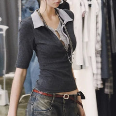 Lunivop American Retro Fake Two Piece Patchwork Blouses 2025 Summer Lapel Neck Shirts Women Y2k Slim Fit Short Sleeve Blusas Mujer