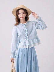 Lunivop Cute Bow Sweet Shirts Women Korean Fashion Lace Patchwork Blue Blouse Preppy Style Casual Elegant Female Long Sleeve Tops
