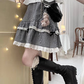 Lunivop Kawaii Plaid Women Short Skirt Lolita Ruffle Japanese Style Lace Bow Mini Skirts Cutecore Sweet Pleated Preppy Skirt