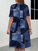 Lunivop Plus Size Casual Vintage Faux Denim Patchwork Printed Midi Dress For Women Summer