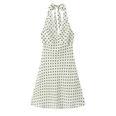 Lunivop Sexy Beige Polka Dot Spliced Lace Bow Halter V Collar Backless Mini Dress Women Elastic Zipper Back A-line Short Robe Holiday