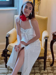 Lunivop Sexy Hollow Out Lace Bow Women Maxi Dress White Backless Single Breasted Dress Female Summer Slim Elegant Party Clubwear