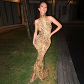 Lunivop Asymmetrical Leopard Print Summer Dresses For Women Sexy Club Outfits Hollow Out Bandage Halter Backless Long Dress