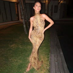 Lunivop Asymmetrical Leopard Print Summer Dresses For Women Sexy Club Outfits Hollow Out Bandage Halter Backless Long Dress