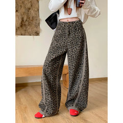 Lunivop Korean Leopard Print Y2k Jeans Women 2024 Casual High Waisted Baggy Wide Leg Denim Pants Fashion Streetwear Retro Straight Jeans