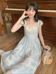 Lunivop Elegant Blue Long Dress Women Sweet Lace Patchwork Vintage Dress High Quality Casual Flying Sleeve Bow Lady Retro Vestidos