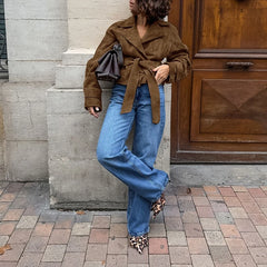 Lunivop BKLD Fashion Autumn Women's Suede Coat Long Sleeve Belted Ruched Double-breasted Lapel Retro Suit Jackets Casual Streetwear