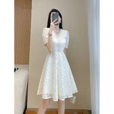 Lunivop Women's Lace Midi Dress V-Neck Puff Sleeve Fit Flare Party Dress