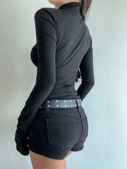 Turtleneck Top Y2k Clothes Black Gothic Cross Hollow Slimming Bottom T Shirt for Women Long Sleeve Sexy T-shirt Girls Tops